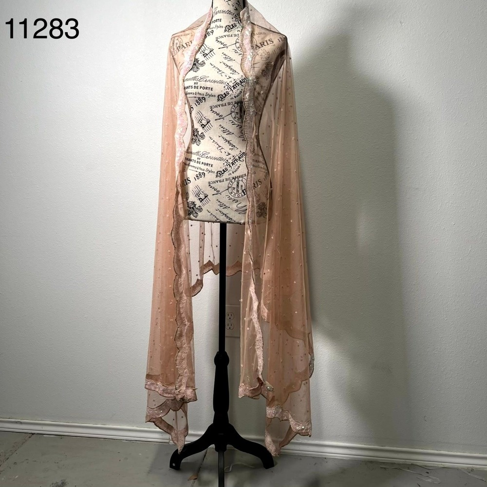 Women's Tulle Cape Shawl Pink Sheer Sequin Beaded Embellishment Escalloped Trim